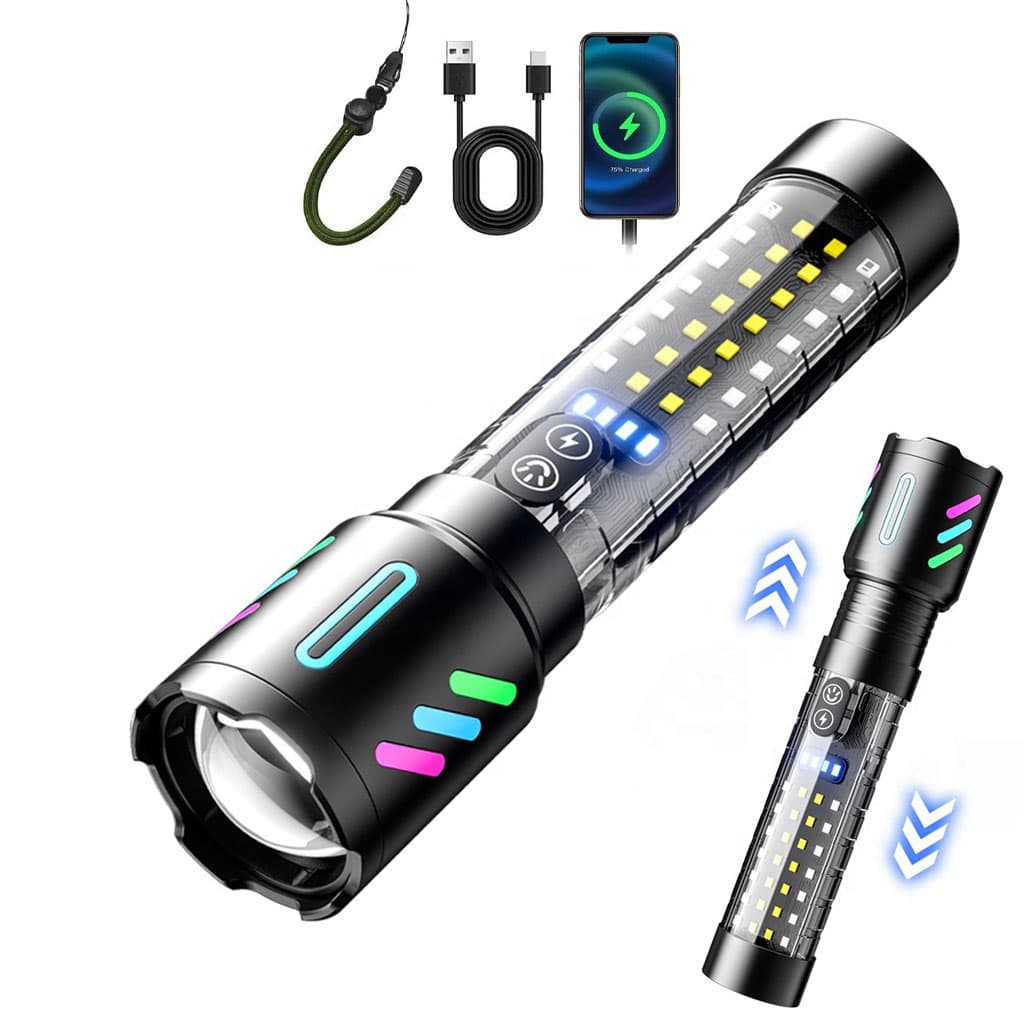 Lampe Torche Tactique LED Rechargeable USB-C - مصباح يدوي تكتيكي فائق السطوع (1000 لومين) مع إضاءة جانبية
