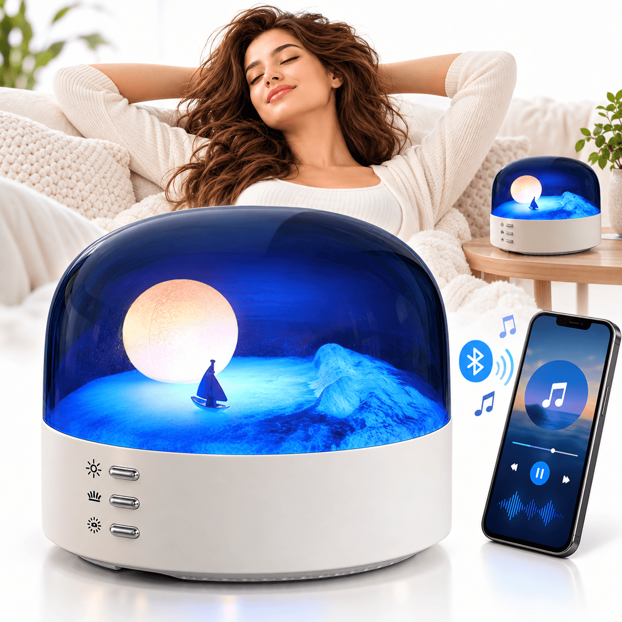 Veilleuse LED Lune et Mer avec Bluetooth Rechargeable Type-C - مصباح ليلي بتصميم القمر والبحر مع بلوتوث قابل للشحن
