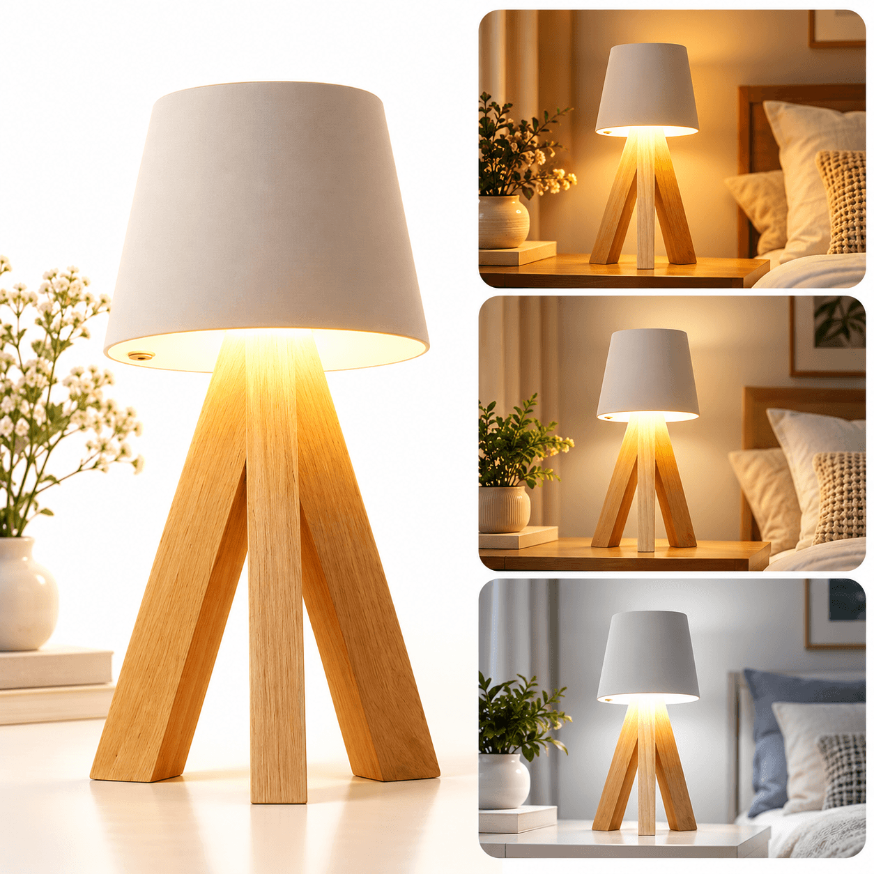 Lampe de Table LED Décorative en Bois, Rechargeable et Tactile — مصباح طاولة خشبي ديكوري قابل للشحن بالتحكم باللمس