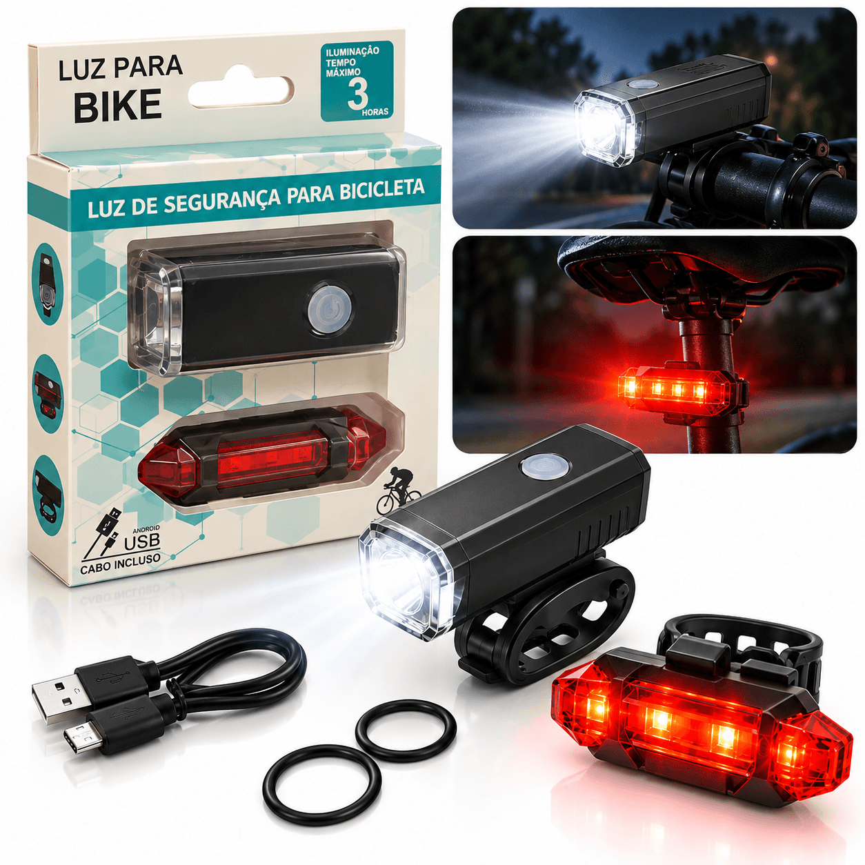 Kit d'Éclairage LED Avant et Arrière Rechargeable par USB pour Vélo - طقم إضاءة ليد ساطع للدراجات الأمامية والخلفية قابلة لإعادة الشحن