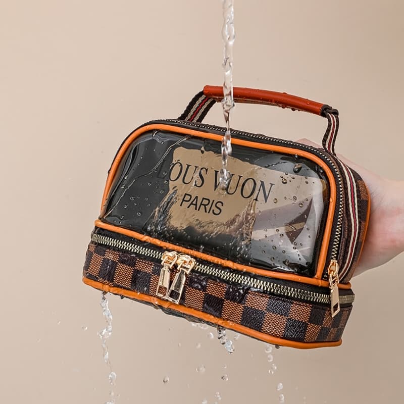 Trousse de toilette transparente double couche pour femmes, sac cosmétique étanche de grande capacité