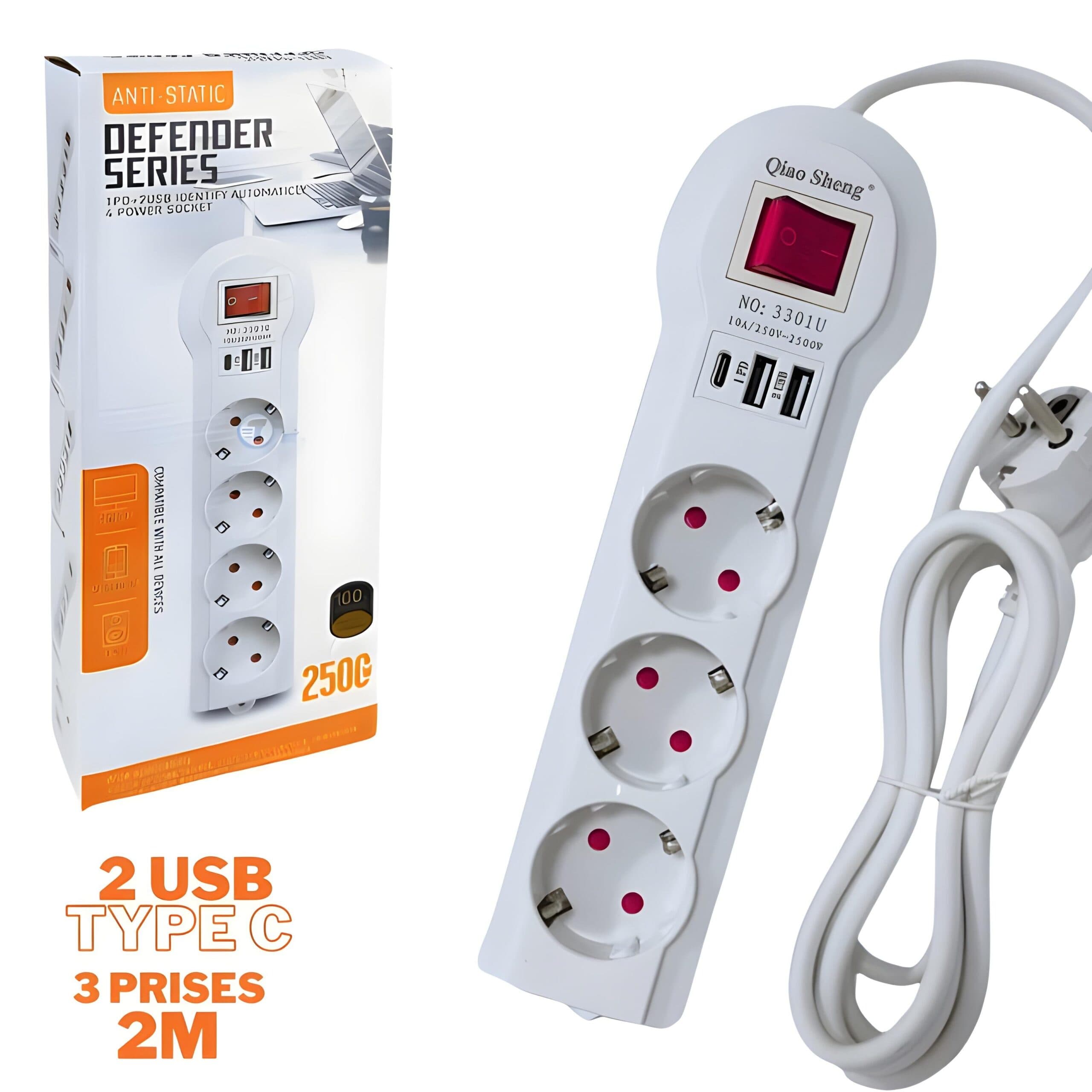 Multiprise 3 prises et Type C avec 2 USB 2 m Blanc 3301U