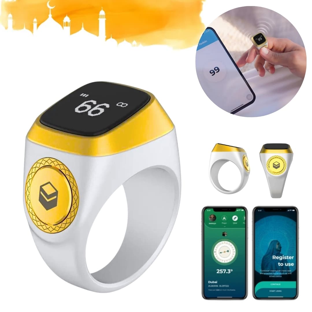 خاتم التسبيح الالكتروني الذكي IQIBLA يساعدك على التسبيح والتذكر بطريقة عملية وبسيطة -Zikr Ring Tasbih Counter - Blanc