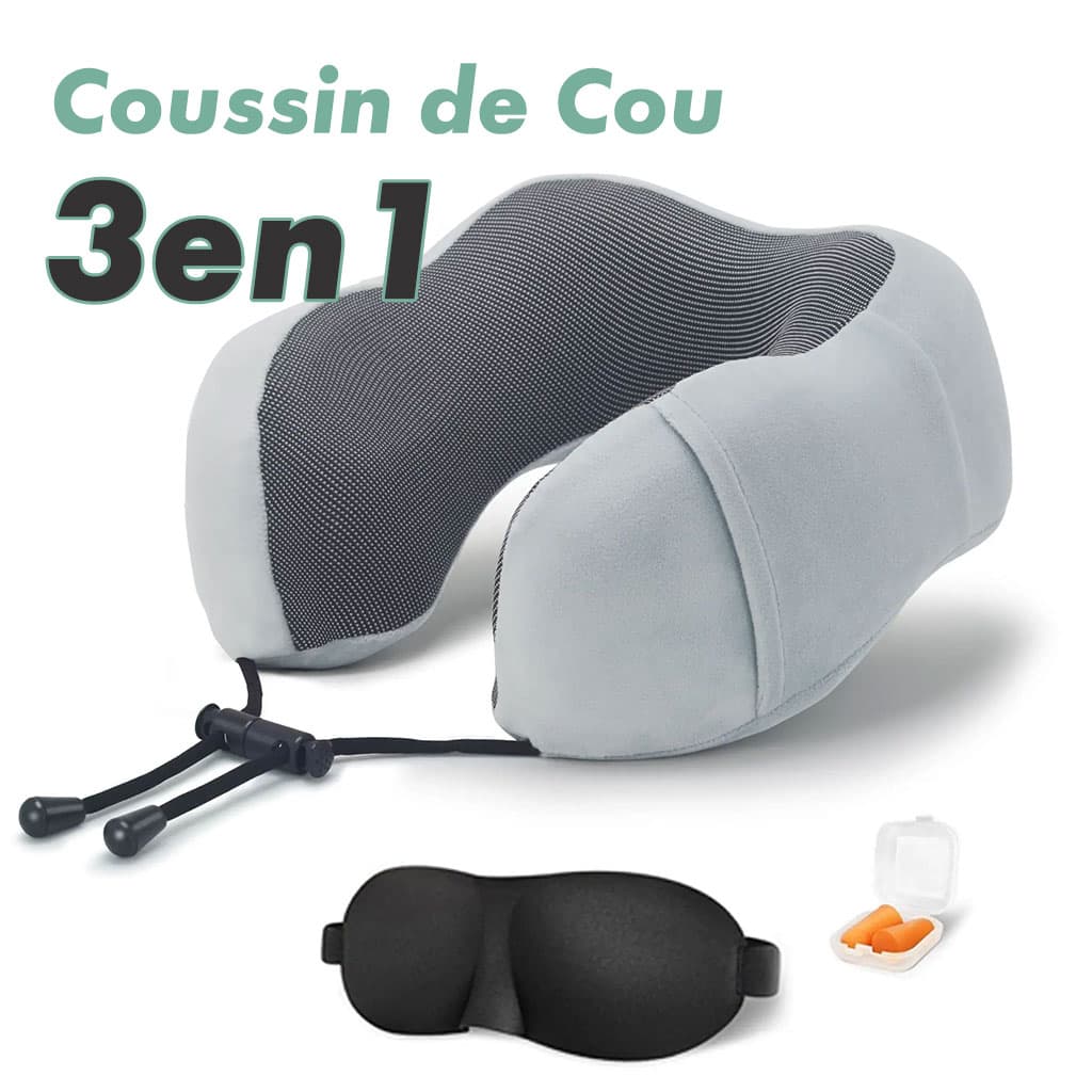 Kit de voyage 3in1 Oreiller en mousse à mémoire de forme en forme de U avec Bouchon d'oreille et Bandeau Yeux